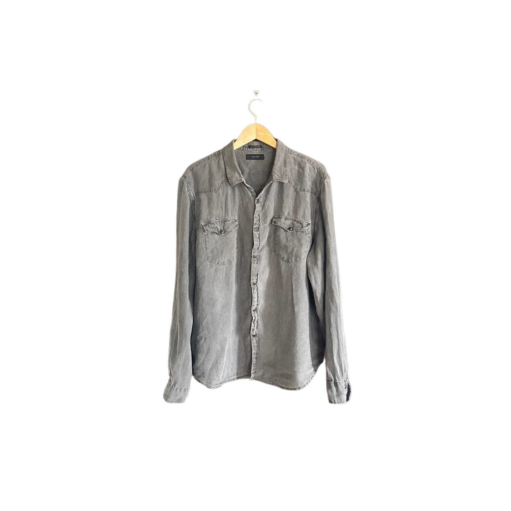 Lucky Brand Classic Fit Men’s Gray Long Sleeve Snap Buttons 100% Linen Size XL